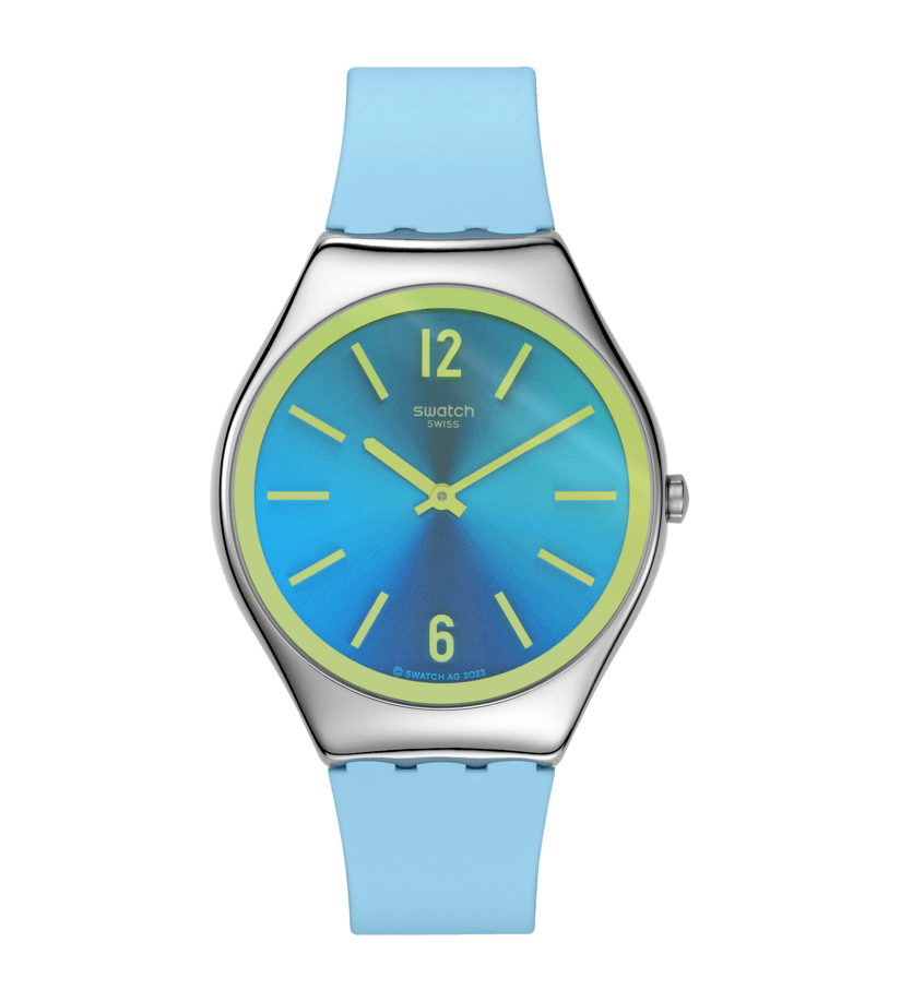 Swatch Skin Midday Sky SYXS156 watch, blue dial, front view