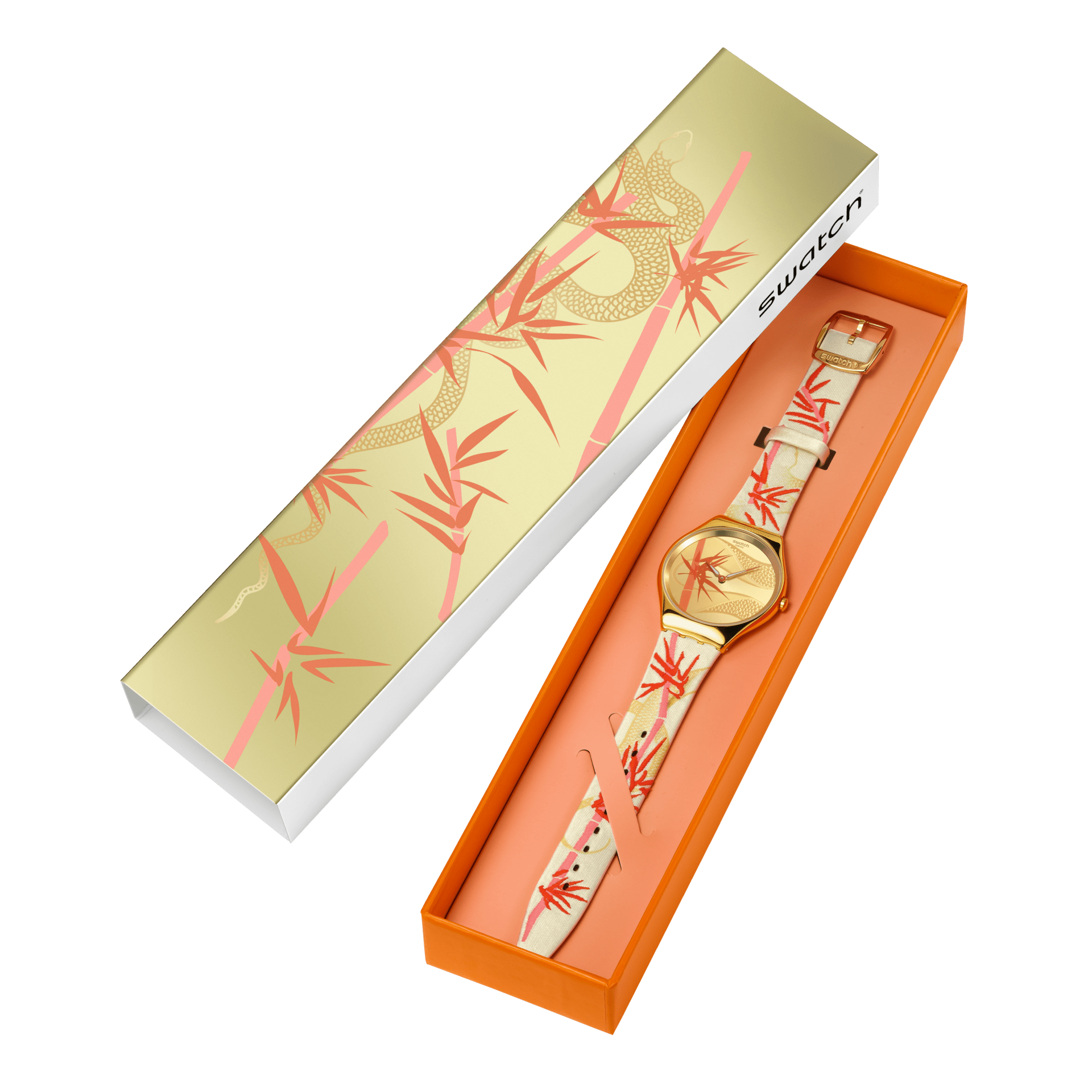 Montre Swatch Skin Golden Red Bamboo SYXZ105, dans son coffret