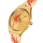Montre Swatch Skin Golden Red Bamboo SYXZ105, cadran jaune, vue de profil