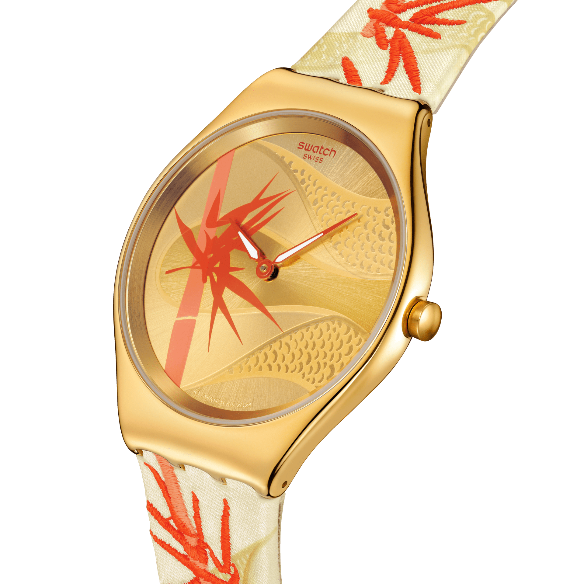 Montre Swatch Skin Golden Red Bamboo SYXZ105, cadran jaune, vue de profil