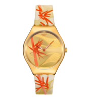 Montre Swatch Skin Golden Red Bamboo SYXZ105, cadran jaune, vue de face
