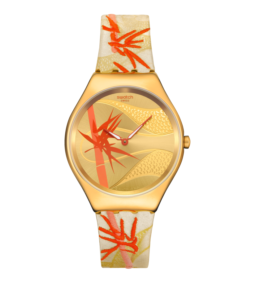 Montre Swatch Skin Golden Red Bamboo SYXZ105, cadran jaune, vue de face