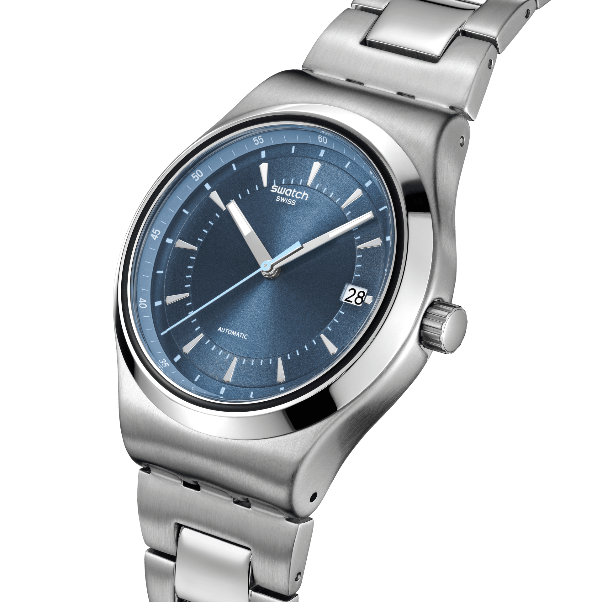 Montre Swatch Sistem51 Shimmer at Dusk YIS435G, cadran bleu, vue de profil