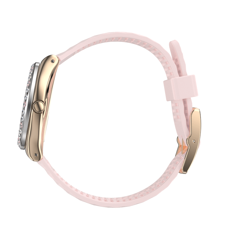 Montre Swatch Irony Golden Rosaline YLG147, cadran rose, vue de profil