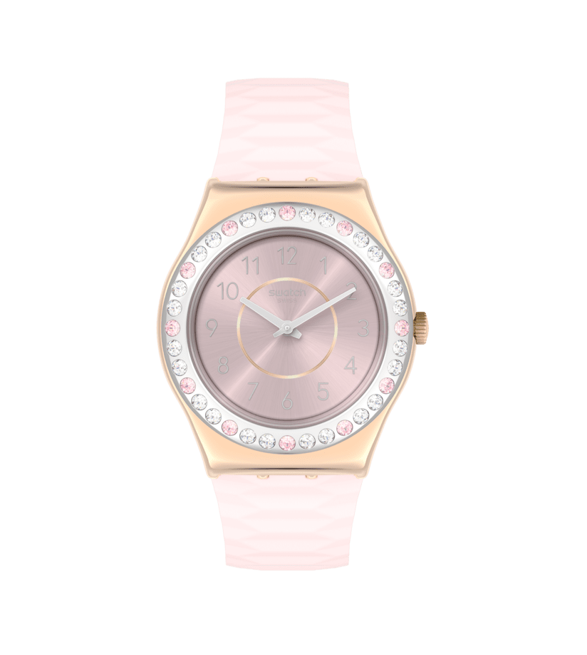 Montre Swatch Irony Golden Rosaline YLG147, cadran rose, vue de face