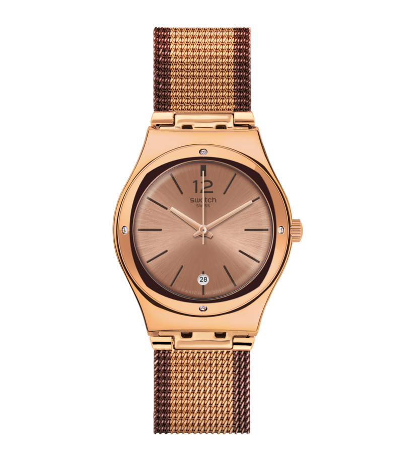 Swatch Irony Full Rose Jacket YLG408M watch, brown dial, front view