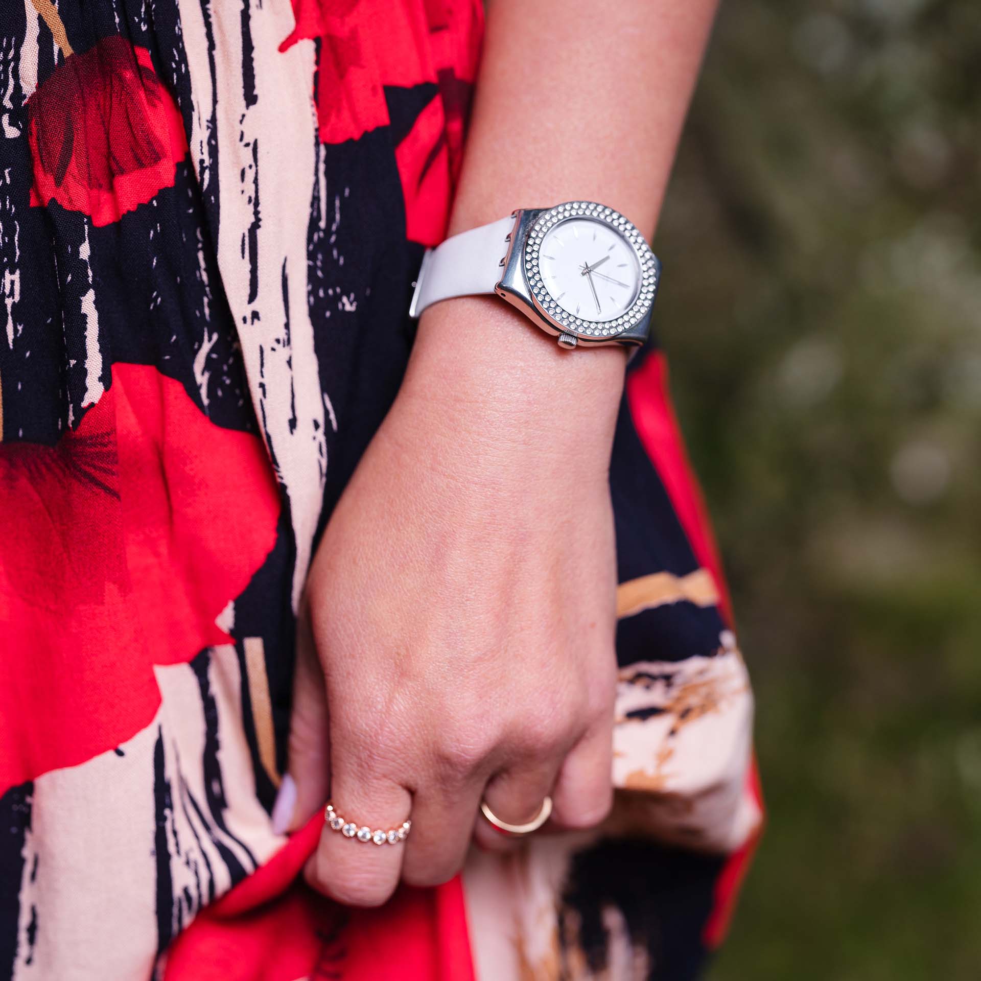Swatch Irony Starry Party YLS217 watch, white dial, on the wrist