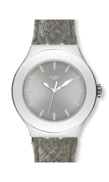 Montre Swatch Irony Salmon Grey YNS120, cadran gris, vue de face