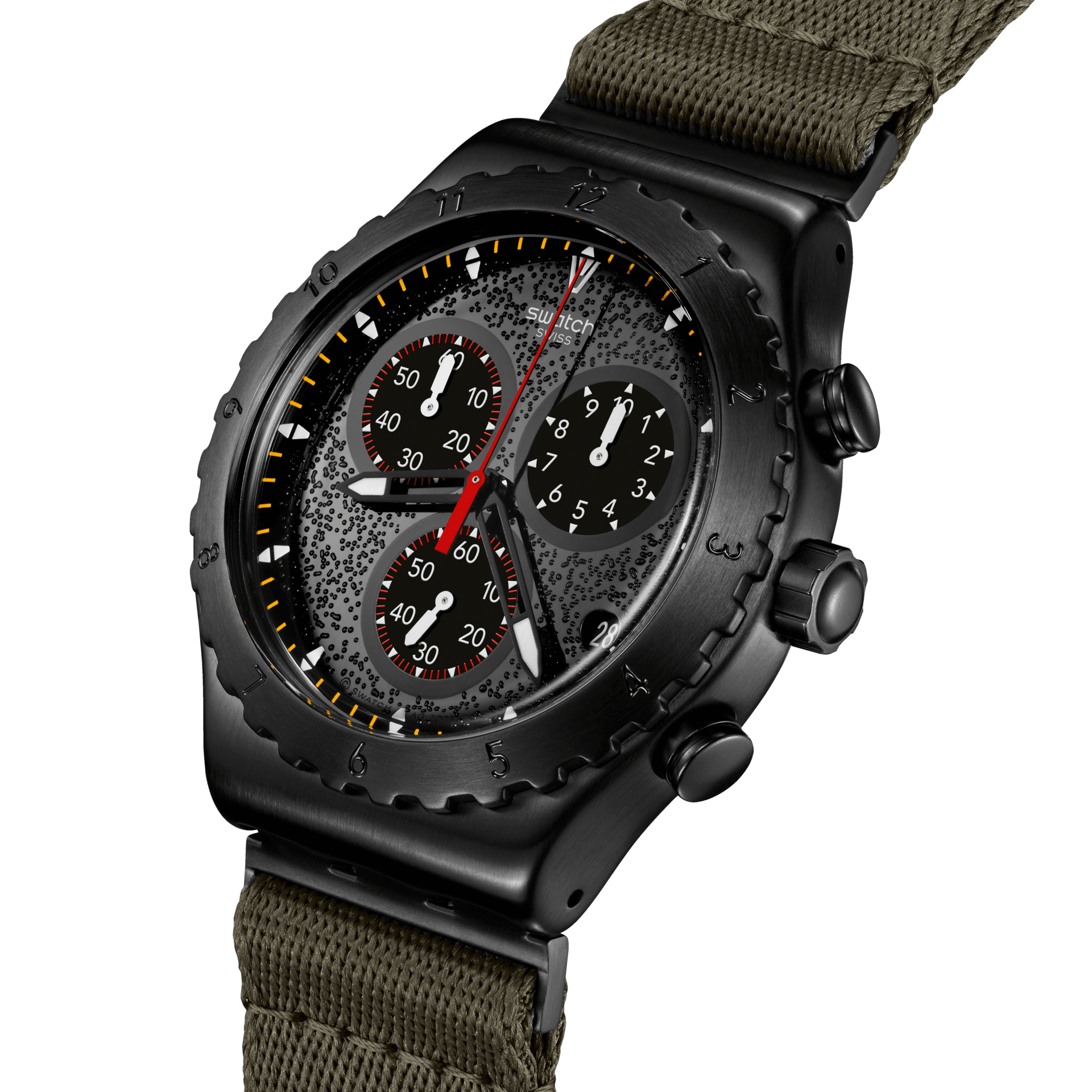 Swatch Irony By the Bonfire YVB416 watch, black dial, side profile