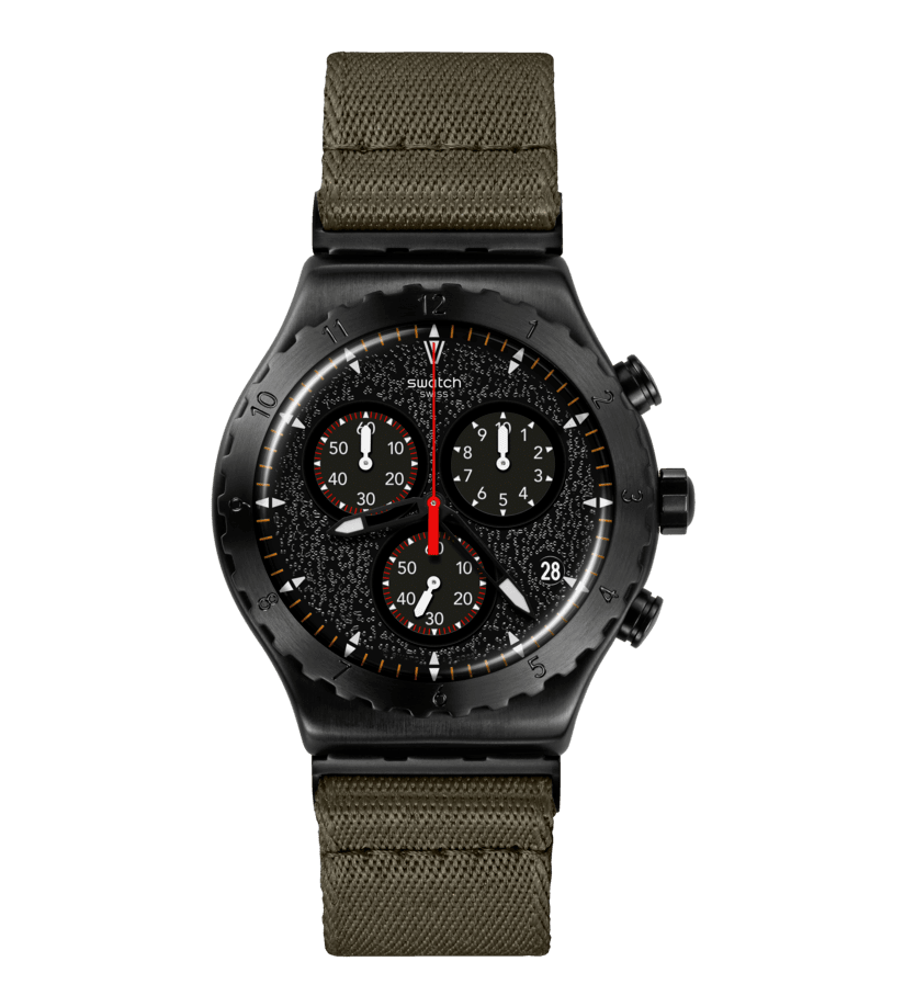 Swatch Irony By the Bonfire YVB416 watch, black dial, front view