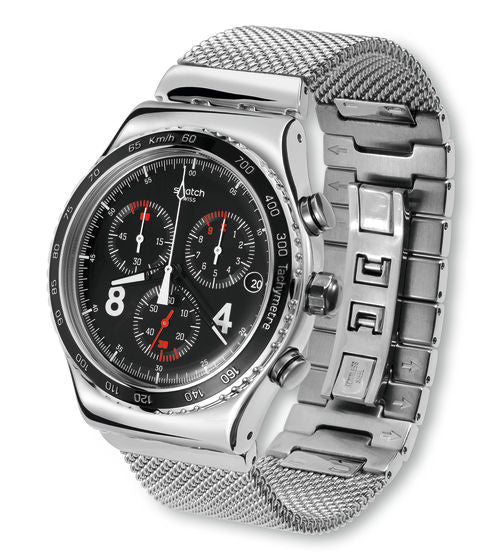 Montre Swatch Irony Blackie YVS401G, cadran noir, vue de profil