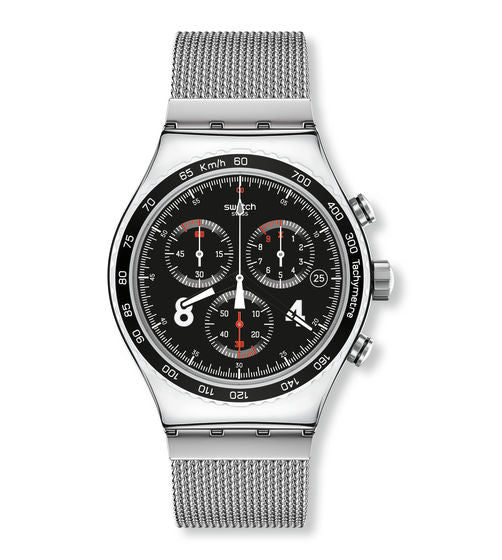 Montre Swatch Irony Blackie YVS401G, cadran noir, vue de face