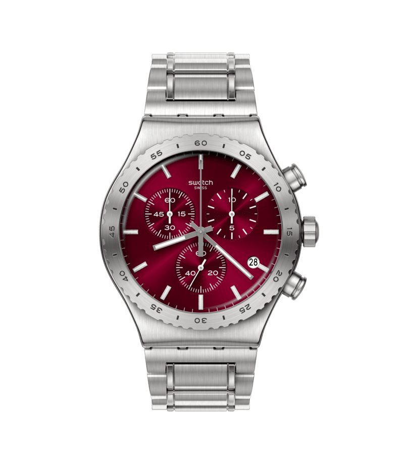 Swatch Purple Irony YVS499G watch, red dial, front view