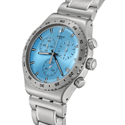 Swatch Irony That's So Peachy YVS528G watch, blue dial, side profile