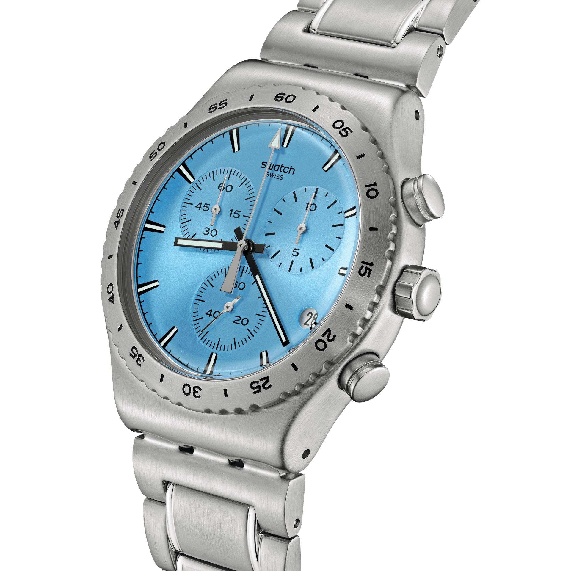 Swatch Irony That's So Peachy YVS528G watch, blue dial, side profile
