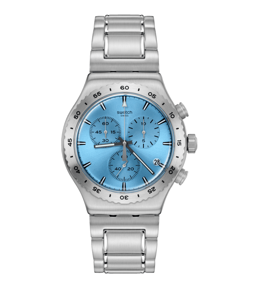 Swatch Irony That's So Peachy YVS528G watch, blue dial, front view