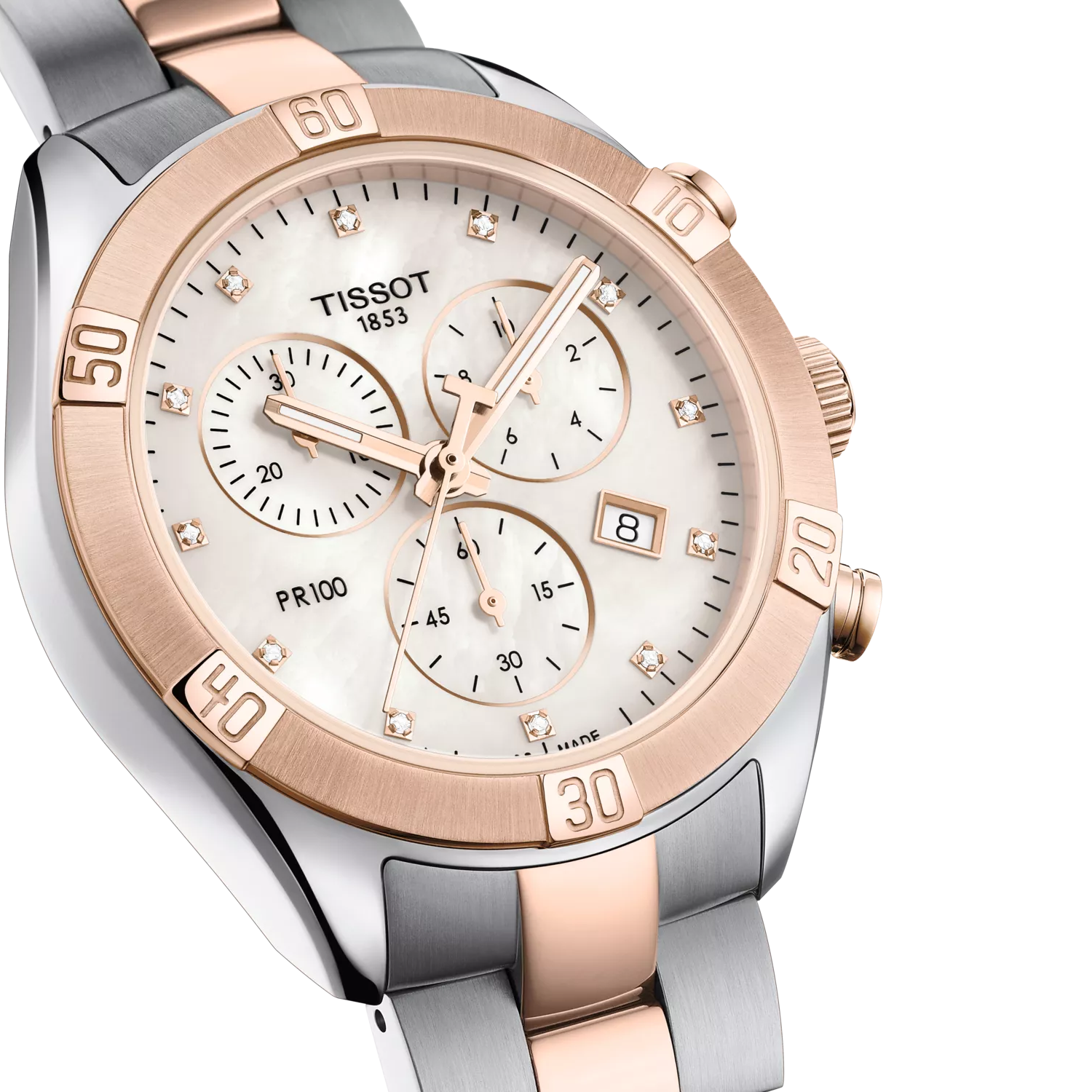 Tissot PR 100 Sport Chic 38mm T101.917.22.116.00 watch, white mother-of-pearl dial, angled view