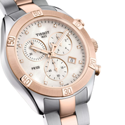 Tissot PR 100 Sport Chic 38mm T101.917.22.116.00 watch, white mother-of-pearl dial, angled view