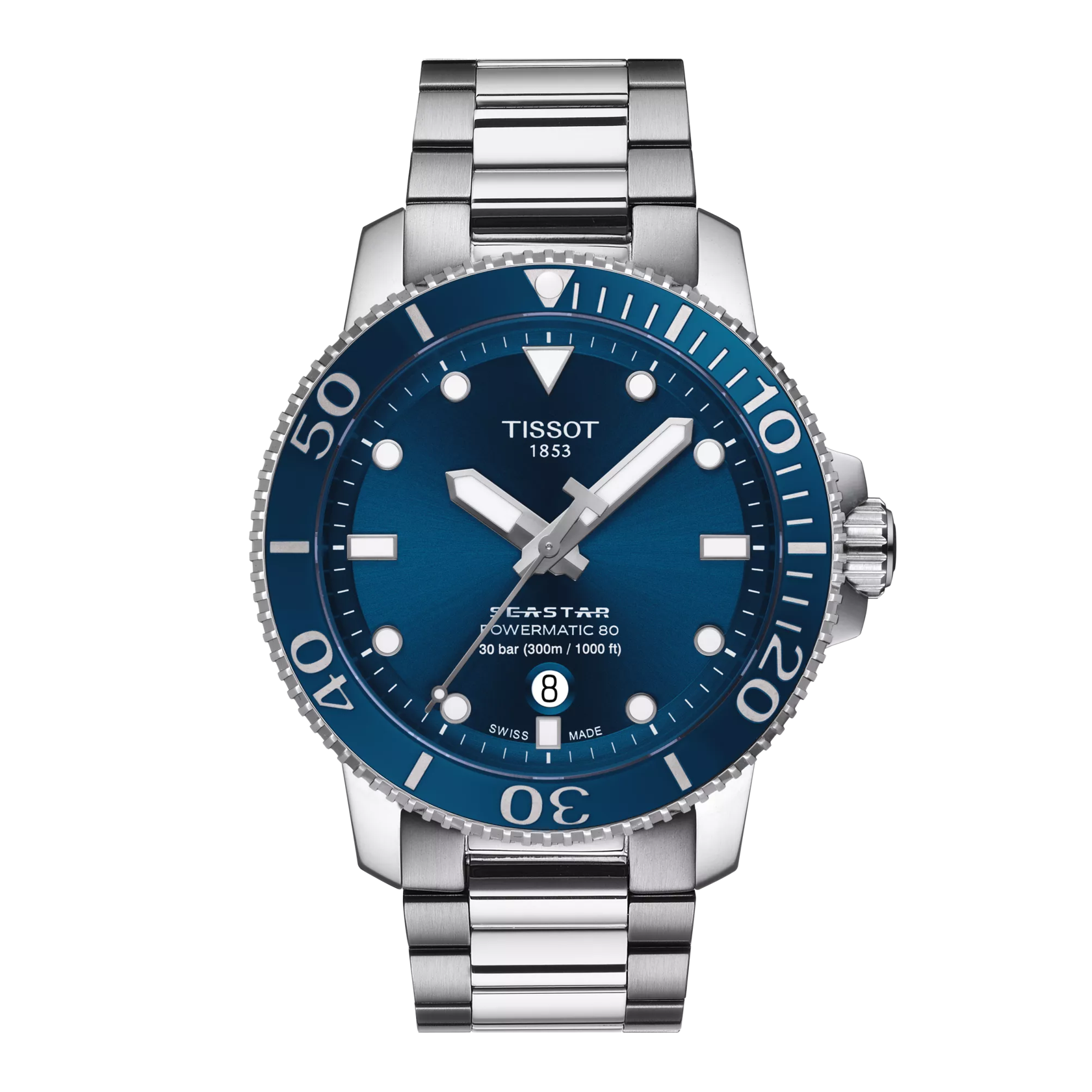 Montre Tissot Seastar 1000 43mm T120.407.11.041.03, cadran bleu, vue de face
