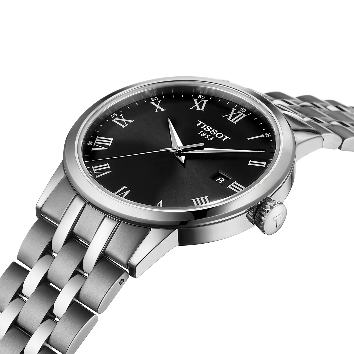 Tissot Classic Dream 42mm T129.410.11.053.00 watch, black dial, angled view