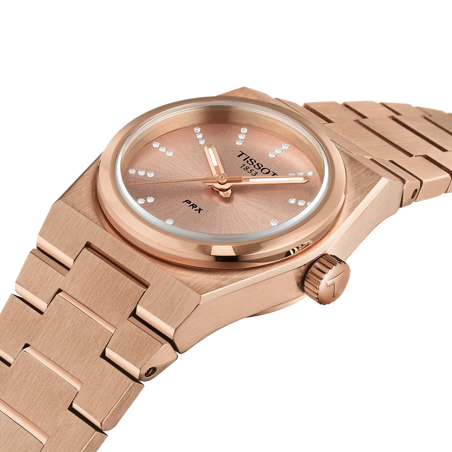 Tissot PRX 25mm T137.010.33.506.00 watch, rose-gold-tone dial, angled view
