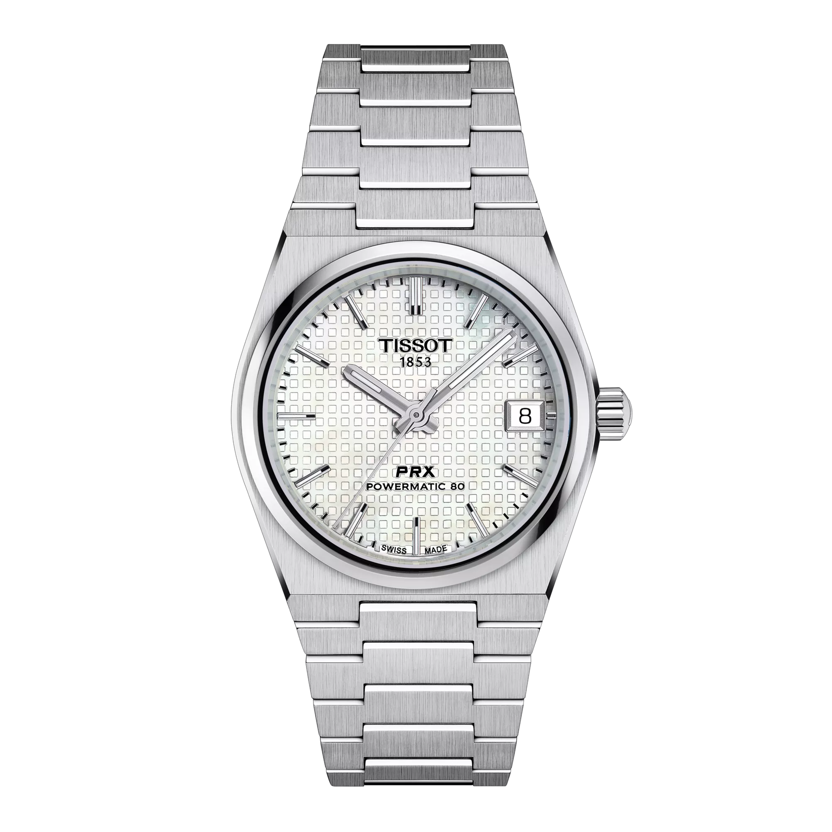 Montre Tissot PRX 35mm T137.207.11.111.00, cadran en nacre blance, vue de face