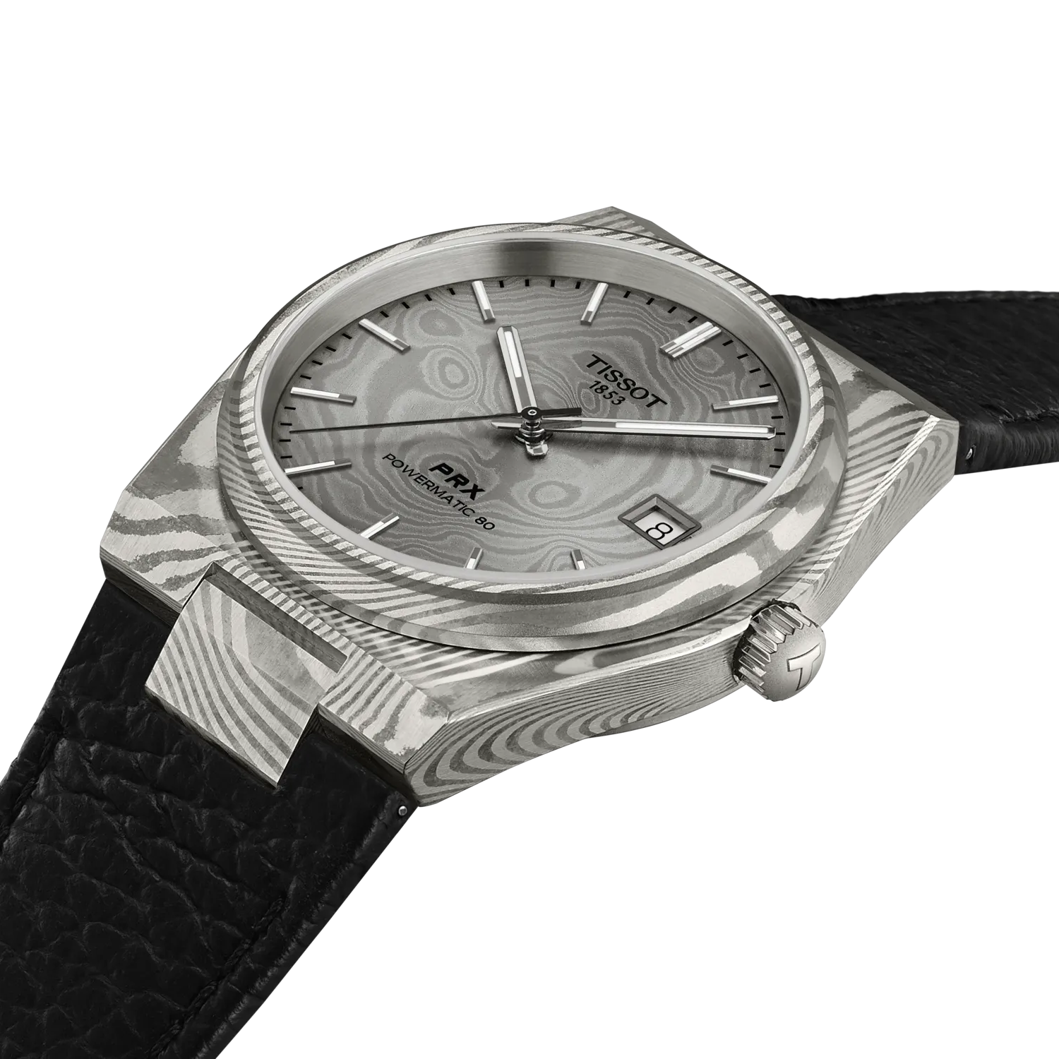 Tissot PRX Damascus Steel 38mm T137.807.96.081.00 watch, grey dial, angled view