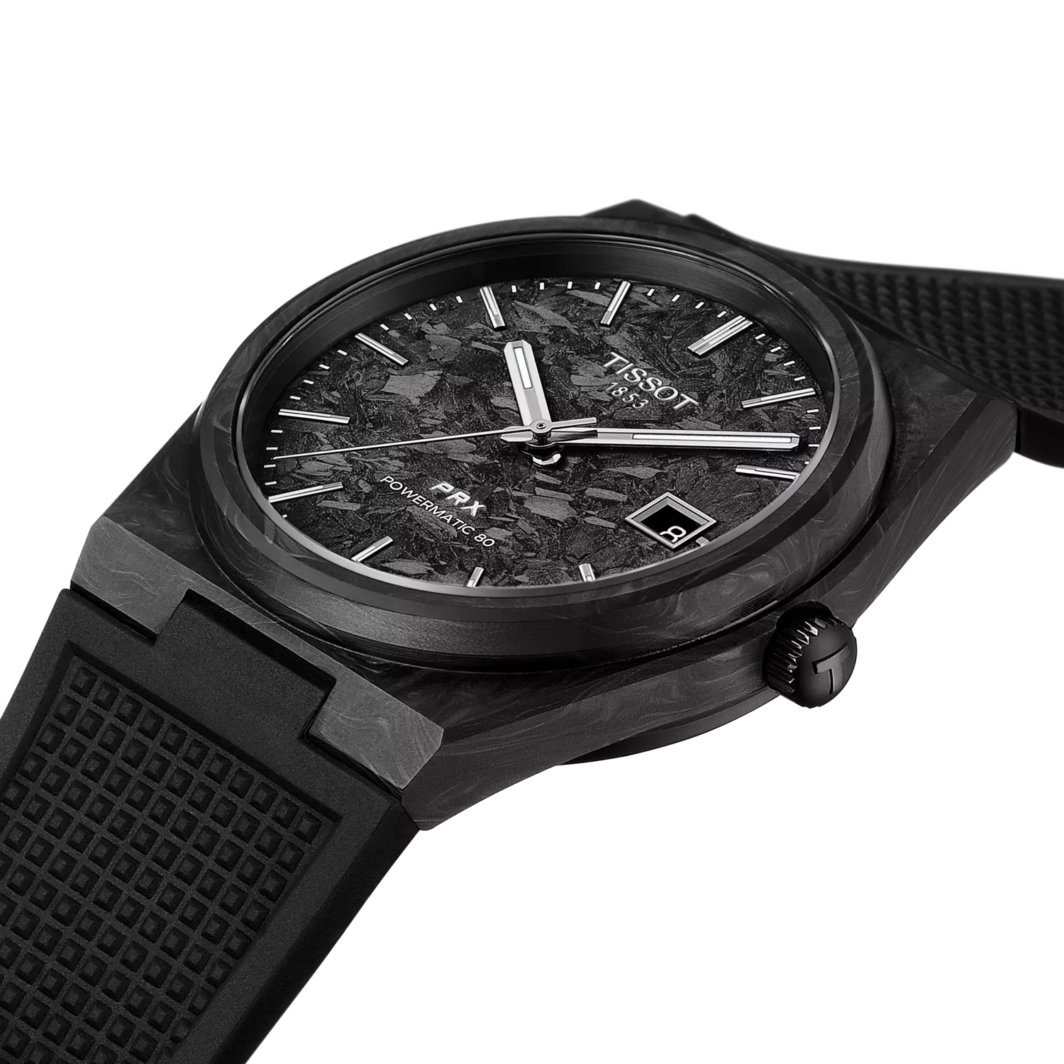 Montre Tissot PRX Carbon 40.5mm T137.907.97.201.00, cadran noir, vue de biais