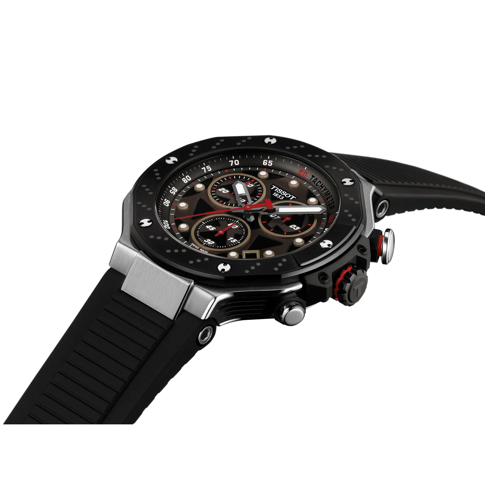 Montre Tissot T-Race MotoGP Quartz Chronograph 2025 45mm T141.417.27.081.00, cadran gris, vue de biais
