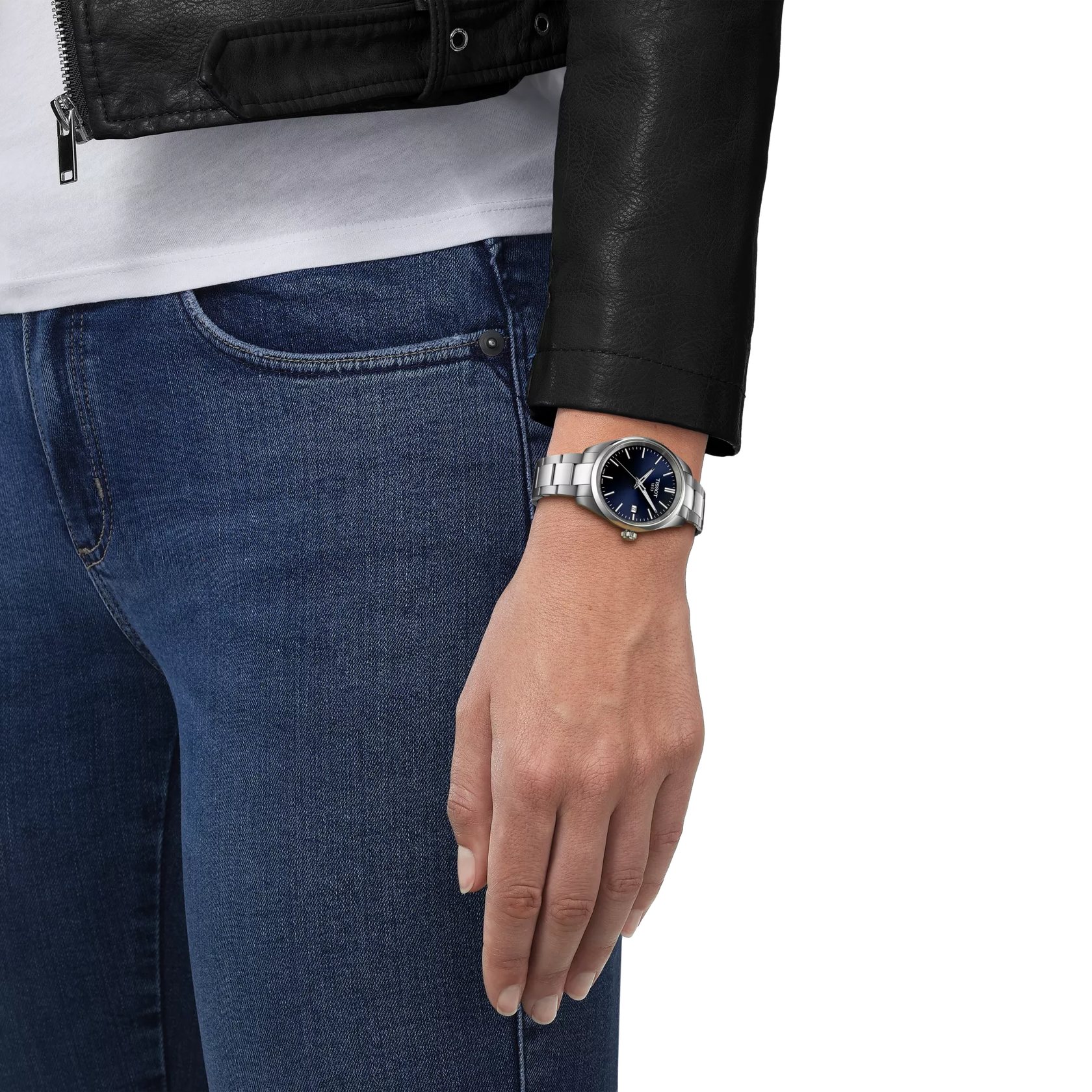 Tissot PR 100 34mm T150.210.11.041.00 watch, blue dial, on the wrist