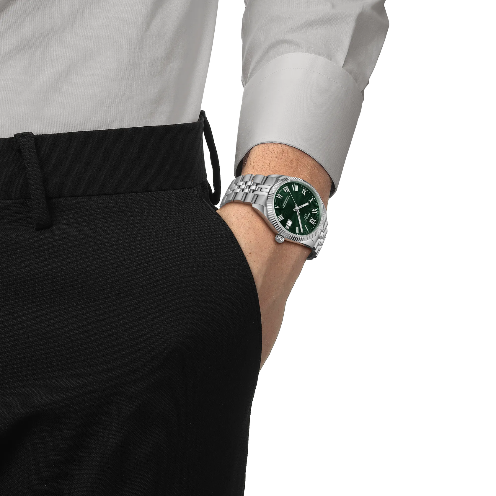 Tissot Ballade 39mm T156.408.11.093.00 watch, green dial, on the wrist