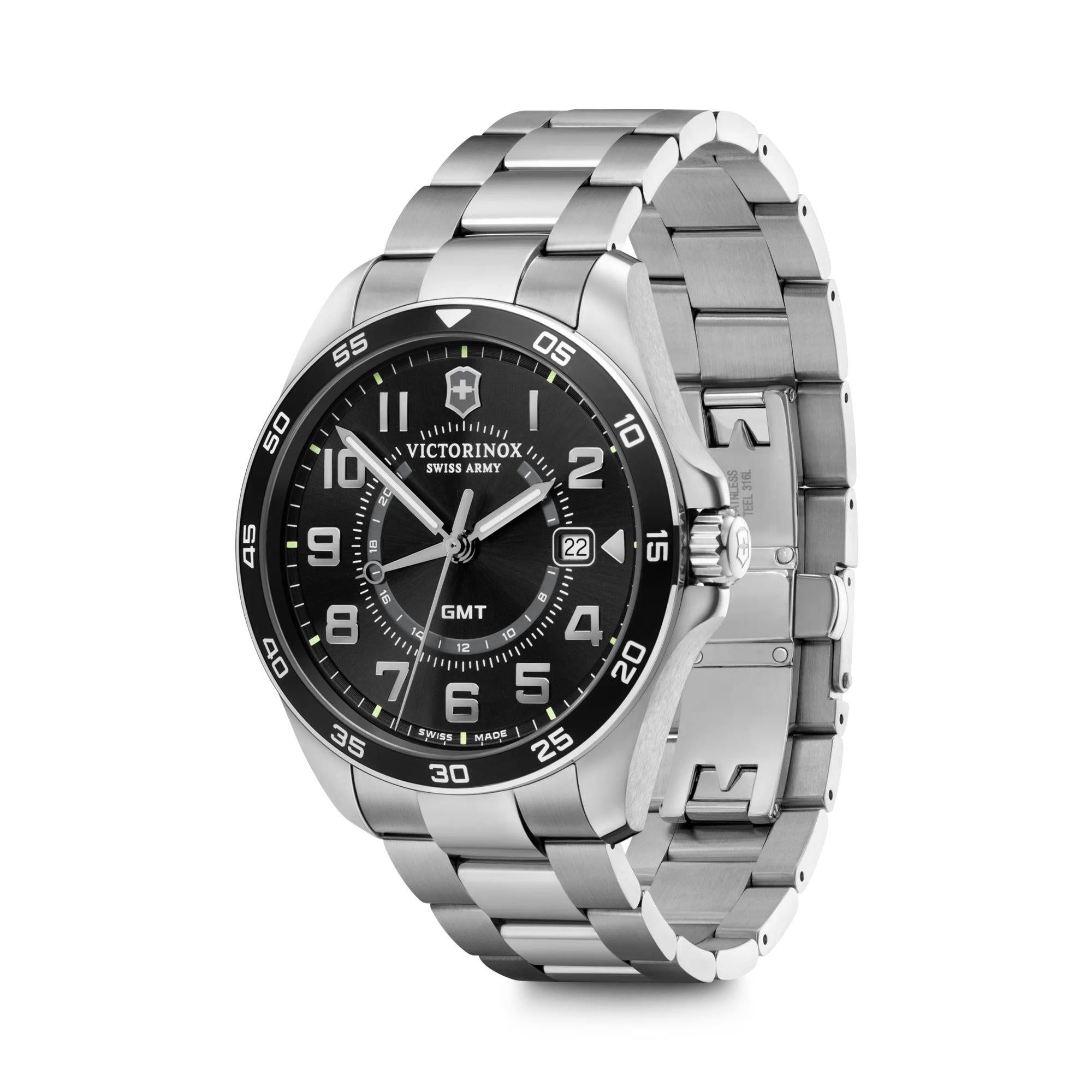 Victorinox FieldForce Classic GMT 241930 watch, black dial, three-quarter view