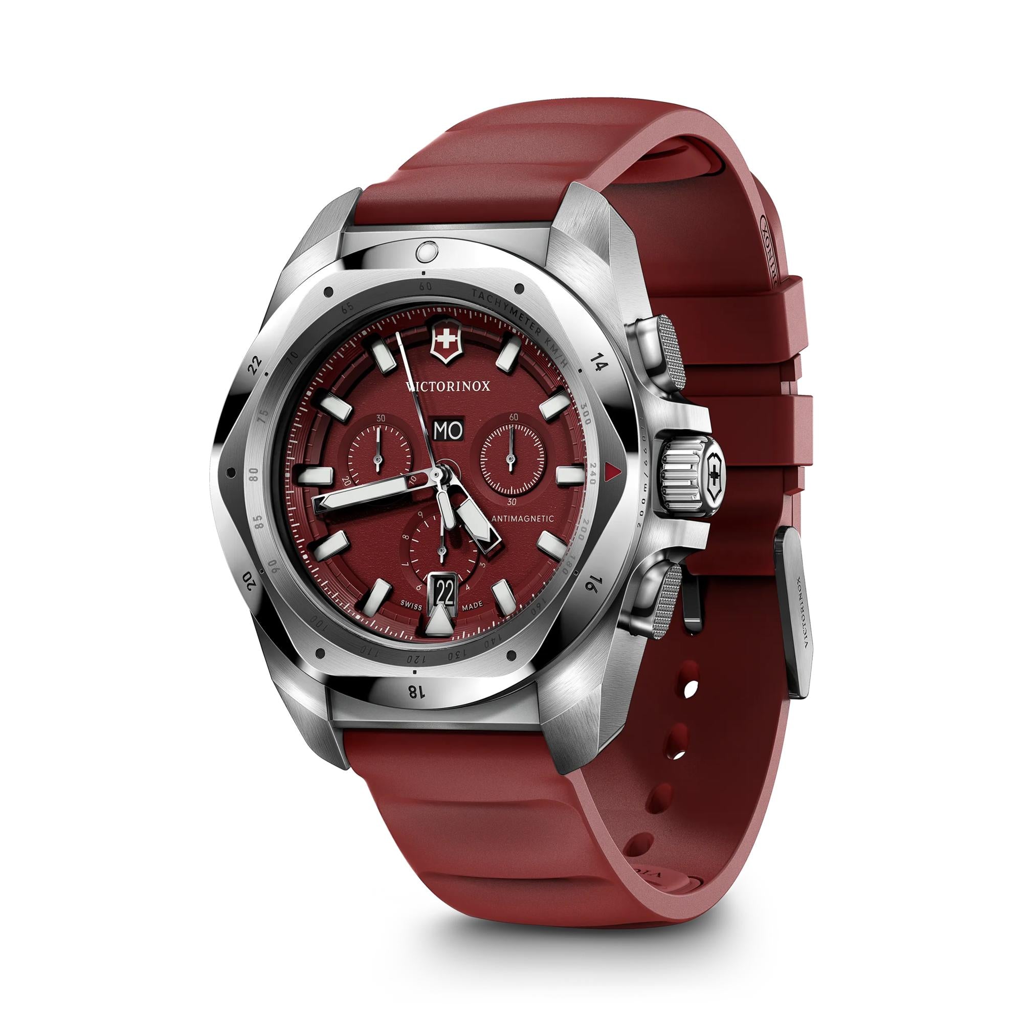 Victorinox I.N.O.X. Chrono 241986 watch, red dial, three-quarter view