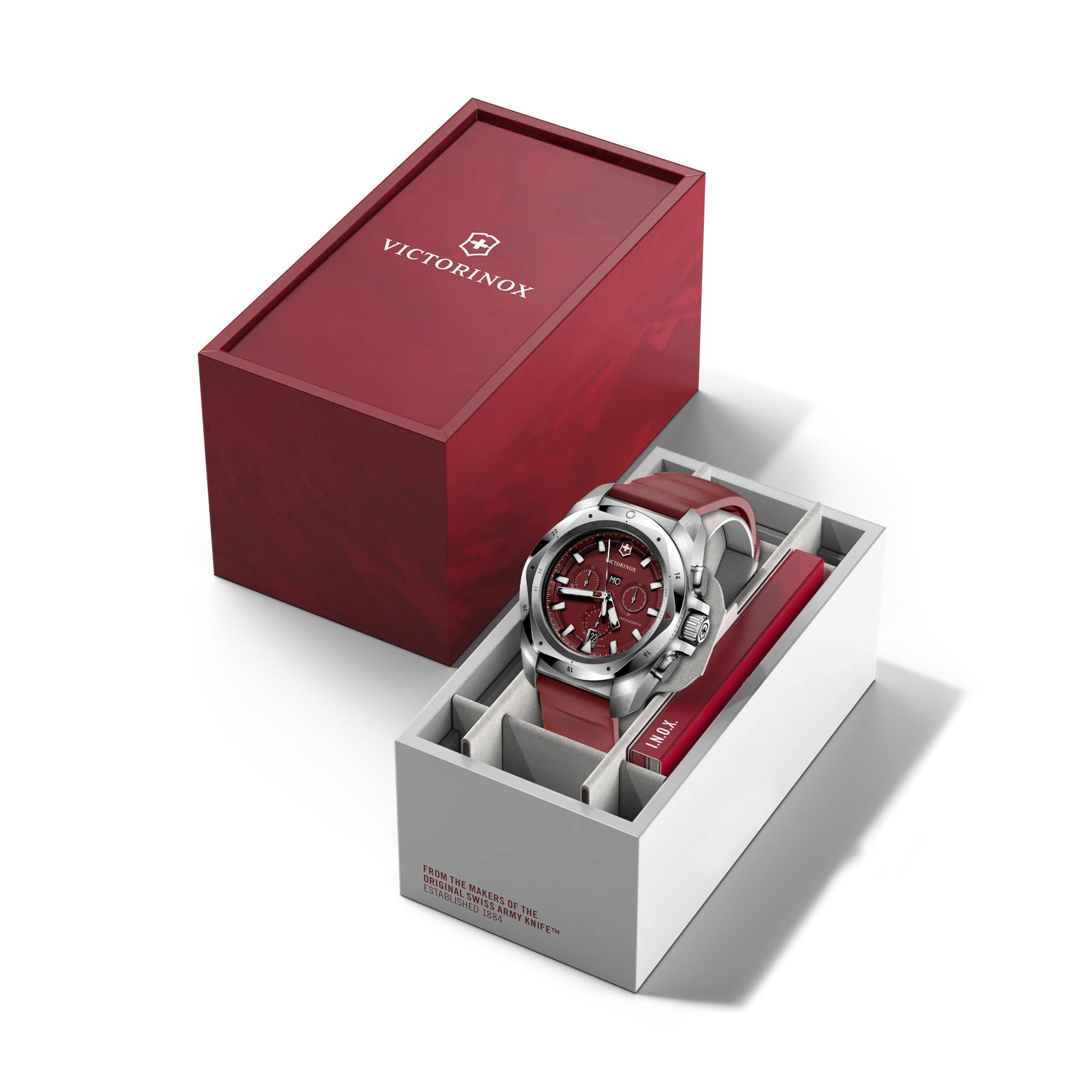 Victorinox I.N.O.X. Chrono 241986 watch, red dial, in its box