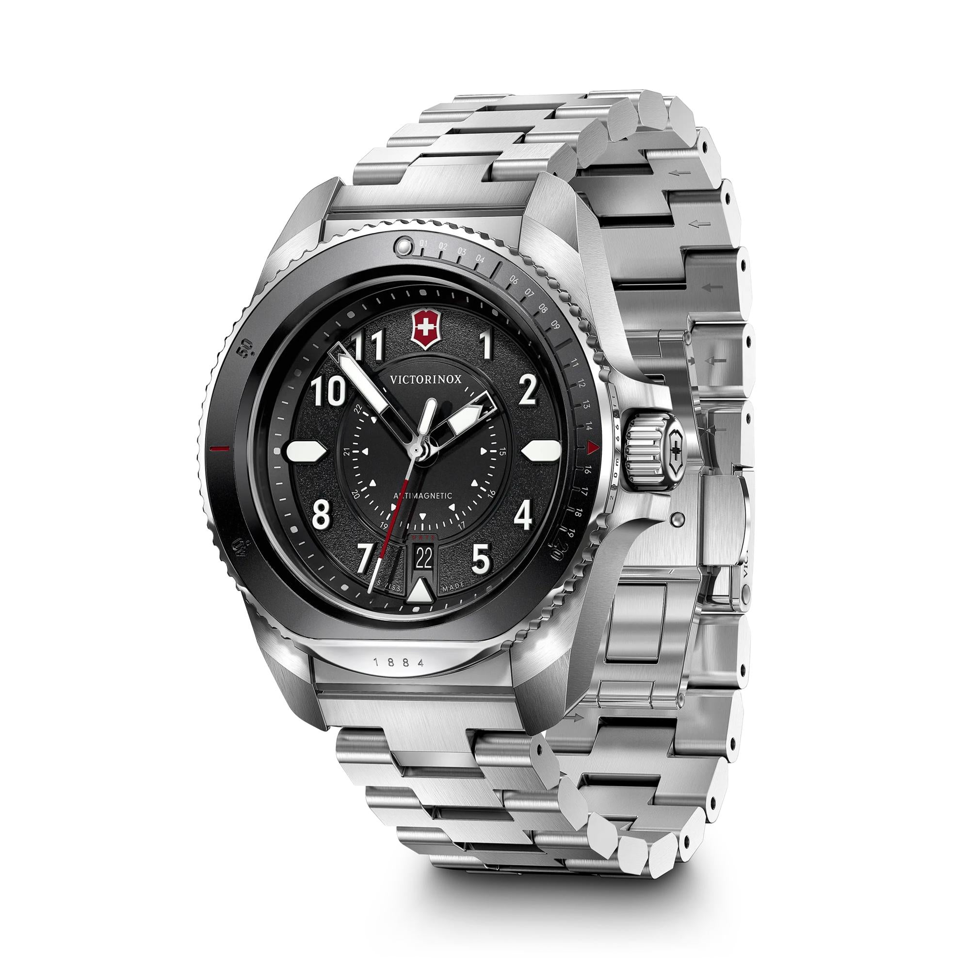 Montre Victorinox Journey 1884 242009, cadran noir, vue de trois quarts