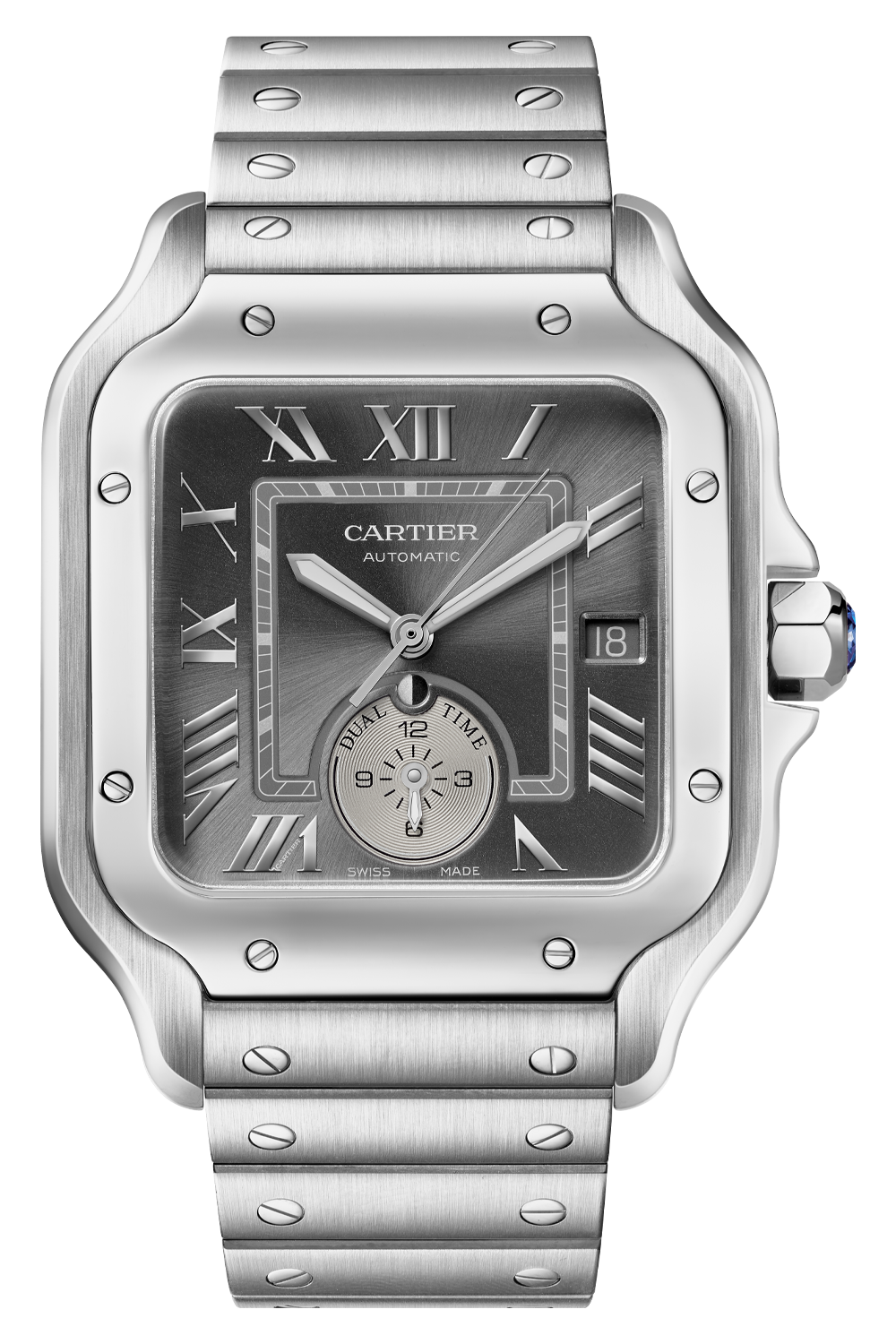 Cartier Santos de Cartier Dual Time Large WSSA0076 - 2025 – Cadran Gris Anthracite, Acier Inoxydable